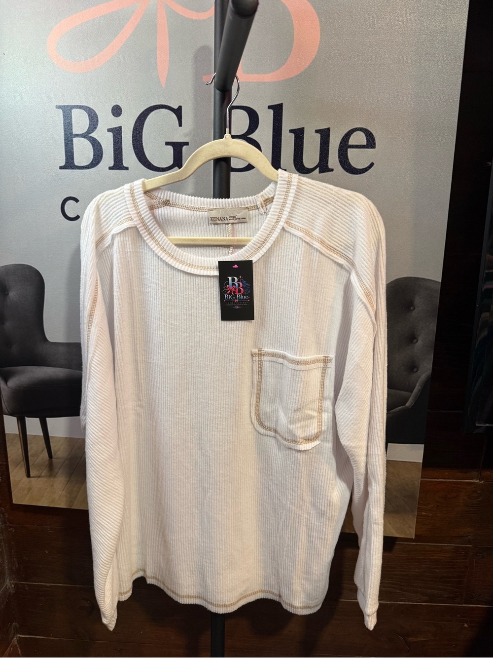 Zenana Outfitters Cream Ribbed Long Sleeve Pocket Tee